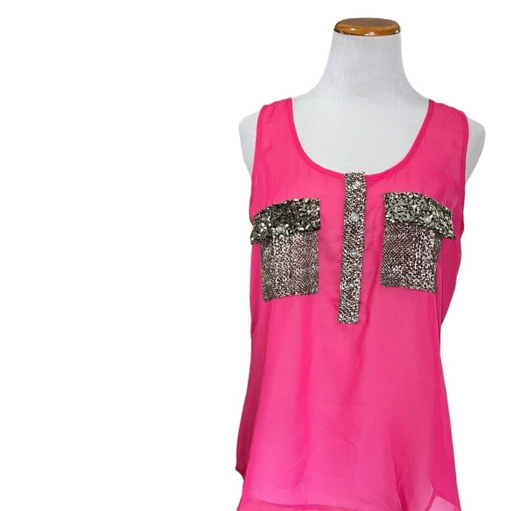 Daytrip From Buckle Sequin Leopard Print Sheer Tank Top Medium Pockets Blouse